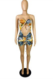 Yellow Sexy Print Hollowed Out Backless Fold Strapless Sleeveless Dress