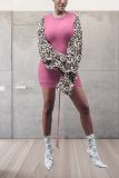 Pink Casual Leopard Patchwork O Neck Pencil Skirt Dresses