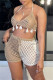 Light Khaki Sexy Patchwork Tassel Hollowed Out See-through Backless Halter Sleeveless Two Pieces