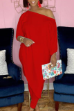 Red Casual Solid Patchwork One Shoulder Long Sleeve Two Pieces