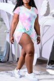 Pink Casual Patchwork Tie-dye V Neck Straight Dresses