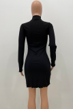 Rose Red Sexy Solid Patchwork Half A Turtleneck Pencil Skirt Dresses