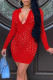 Red Fashion Sexy Solid Hollowed Out See-through V Neck Long Sleeve Dresses