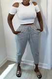 Grey Fashion Casual Solid Bandage Pocket Regular High Waist Trousers
