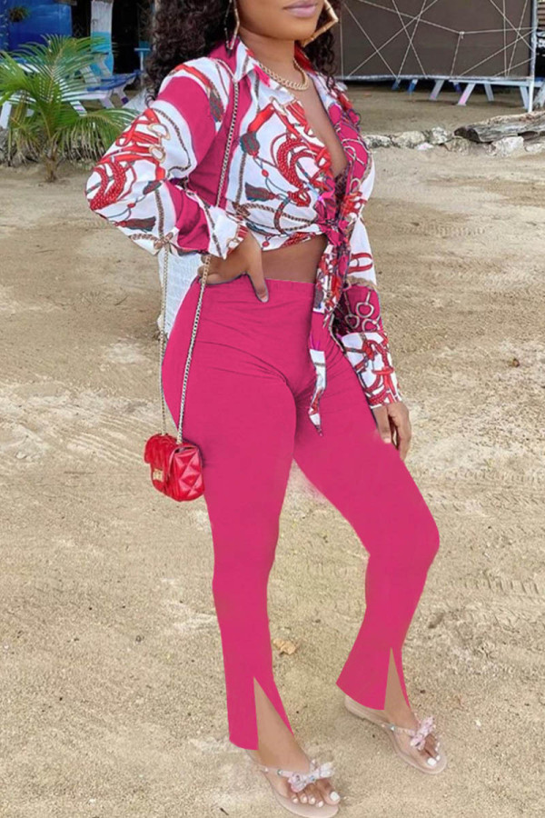 Rose Red Fashion Casual Print Bandage Slit Turndown Collar Long Sleeve Two Pieces