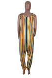 Colour Fashion Casual Striped Print Bandage Spaghetti Strap Loose Jumpsuits