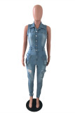 Baby Blue Fashion Casual Solid Ripped Turndown Collar Skinny Jumpsuits