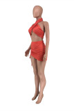 Red Sexy Solid Backless Halter Sleeveless Two Pieces