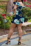 Blue Sexy Print Patchwork V Neck Skinny Rompers