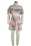 Red Sexy Print Patchwork Off the Shoulder Short Sleeve Two Pieces