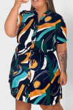 Multi-color Casual Print Split Joint Mandarin Collar Shirt Dress Plus Size Dresses