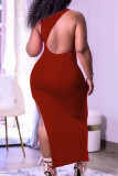 Red Sexy Solid Patchwork Backless Asymmetrical O Neck Vest Dress Dresses