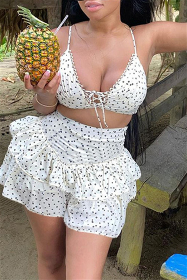 White Sexy Casual Dot Print Backless Halter Sleeveless Two Pieces Swimwear