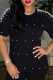 Black Fashion Casual Solid Beading O Neck T-Shirts