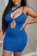 Blue Sexy Solid Hollowed Out Halter Pencil Skirt Dresses