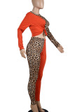 Red Casual Print Leopard Split Joint O Neck Long Sleeve Two Pieces