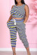 Yellow Blue Casual Striped Print Patchwork O Neck Sleeveless Two Pieces