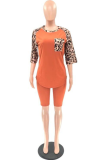 Tangerine Red Casual Leopard Patchwork O Neck Short Sleeve Two Pieces