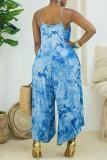White Blue Sexy Casual Print Tie Dye Backless Spaghetti Strap Regular Jumpsuits