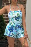 Blue Sexy Casual Print Backless Spaghetti Strap Sleeveless Two Pieces