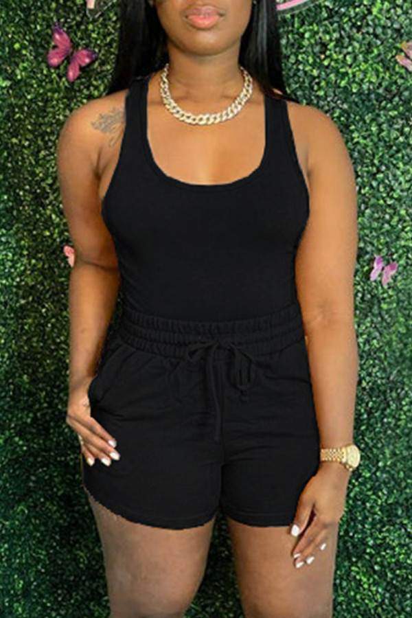 Black Fashion Casual Solid Basic U Neck Sleeveless Two Pieces