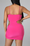 Pink Fashion Sexy Solid Hollowed Out Backless Spaghetti Strap Sleeveless Dress
