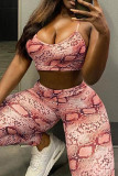 Pink Casual Sportswear Print Backless Spaghetti Strap Sleeveless Two Pieces