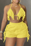 Yellow Sexy Solid Patchwork Halter Sleeveless Two Pieces