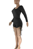 Pink Casual Solid Patchwork Draw String Fold U Neck Skinny Rompers
