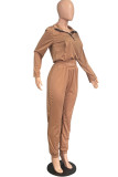Deep Blue Fashion Casual Solid Zipper Turndown Collar Two Pieces