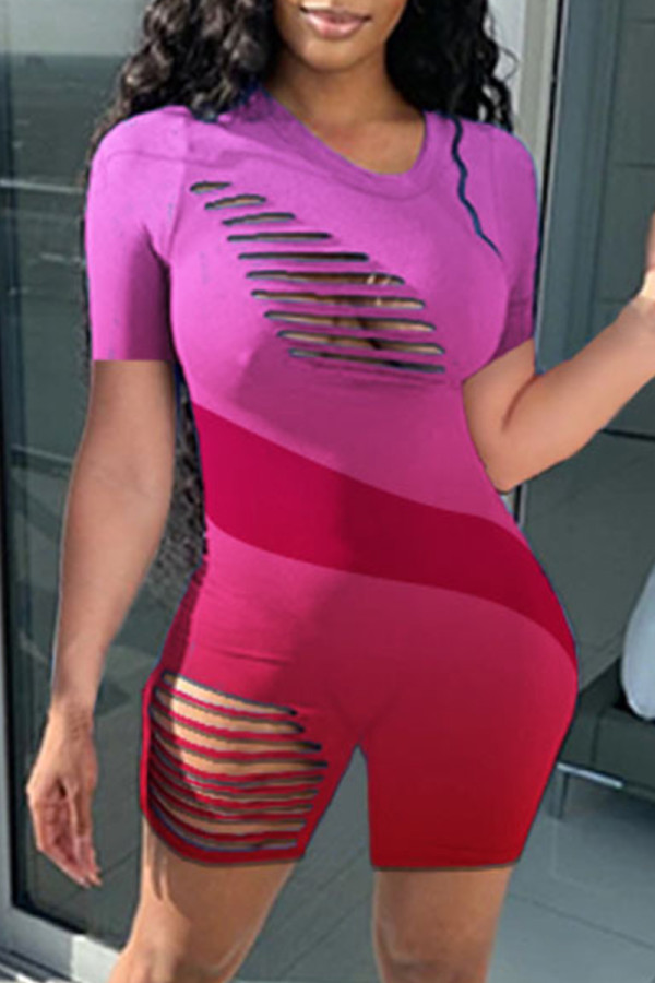Fuchsia Fashion Casual Gradual Change Print Ripped O Neck Skinny Romper