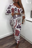 Multi-color Casual Print Patchwork V Neck Long Sleeve Two Pieces
