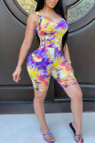 Red Fashion Sexy Print Tie Dye Ripped U Neck Regular Romper