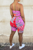 Red Sexy Print Patchwork Spaghetti Strap Sleeveless Two Pieces