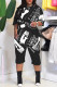 Black Fashion Casual Print Basic O Neck Half Sleeve Two Pieces