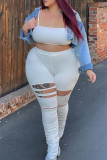 White Fashion Casual Solid Ripped Plus Size Trousers