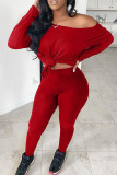 Red Fashion Casual Solid Basic Oblique Collar Long Sleeve Two Pieces