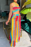 Multicolor Sexy Casual Striped Print Backless Strapless Sleeveless Two Pieces