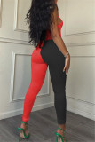 Red Sexy Casual Patchwork Backless Halter Skinny Jumpsuits