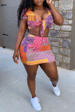 Multicolor Fashion Sexy Print Basic V Neck Short Sleeve Two Pieces