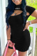 Black Fashion Sexy Letter Embroidery Hollowed Out Turtleneck Short Sleeve Dress