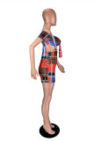 Red Sexy Casual Plaid Print Hollowed Out Backless Off the Shoulder Short Sleeve Two Pieces