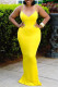 Yellow Fashion Sexy Solid Backless Slit V Neck Sling Dress