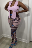 Turquoise Sexy Print Mesh Skinny Mid Waist Pencil Full Print Bottoms