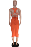 Tangerine Red Sexy Solid Ripped U Neck Pencil Skirt Dresses