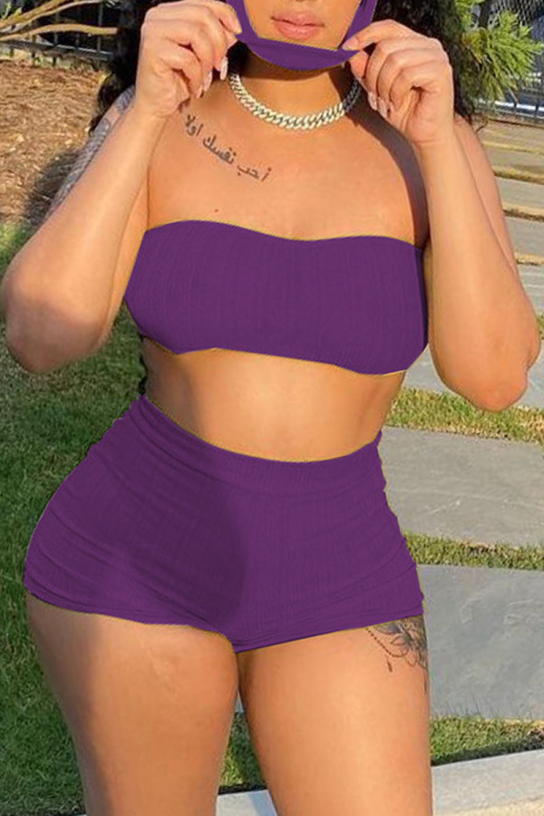 Purple Simplicity Solid Strapless Sleeveless Two Pieces（with a mask）