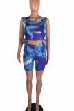Blue Casual Print Bandage Patchwork O Neck Sleeveless Two Pieces