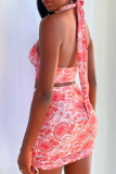 Pink Sexy Print Patchwork Halter Sleeveless Two Pieces