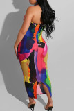 Multi-color Sexy Print Split Joint Strapless Pencil Skirt Dresses