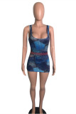 Blue Fashion Sexy Print Basic U Neck Vest Dress